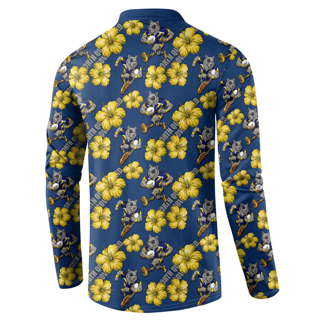 North Queensland Cowboys Button Sweatshirt Tropical Hibiscus Floral Seamless Rugby Mascot