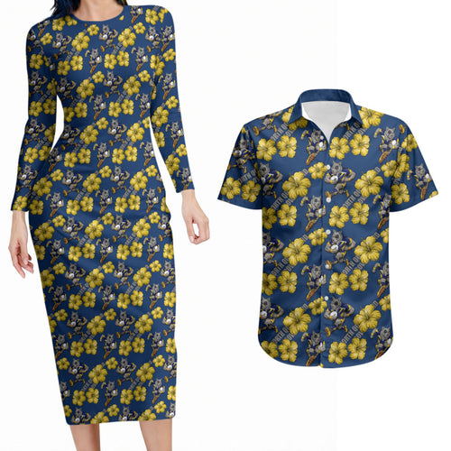 North Queensland Cowboys Couples Matching Long Sleeve Bodycon Dress and Hawaiian Shirt Tropical Hibiscus Floral Seamless Rugby Mascot