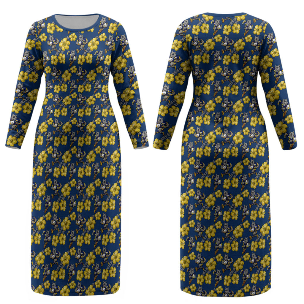 North Queensland Cowboys Couples Matching Long Sleeve Bodycon Dress and Hawaiian Shirt Tropical Hibiscus Floral Seamless Rugby Mascot