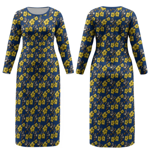 North Queensland Cowboys Couples Matching Long Sleeve Bodycon Dress and Hawaiian Shirt Tropical Hibiscus Floral Seamless Rugby Mascot