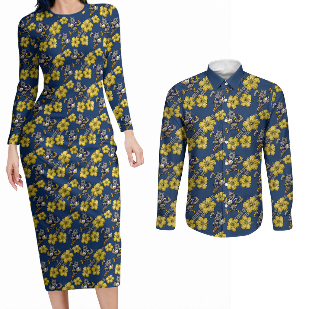 North Queensland Cowboys Couples Matching Long Sleeve Bodycon Dress and Long Sleeve Button Shirt Tropical Hibiscus Floral Seamless Rugby Mascot