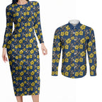 North Queensland Cowboys Couples Matching Long Sleeve Bodycon Dress and Long Sleeve Button Shirt Tropical Hibiscus Floral Seamless Rugby Mascot