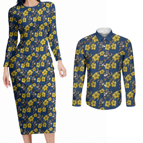 North Queensland Cowboys Couples Matching Long Sleeve Bodycon Dress and Long Sleeve Button Shirt Tropical Hibiscus Floral Seamless Rugby Mascot