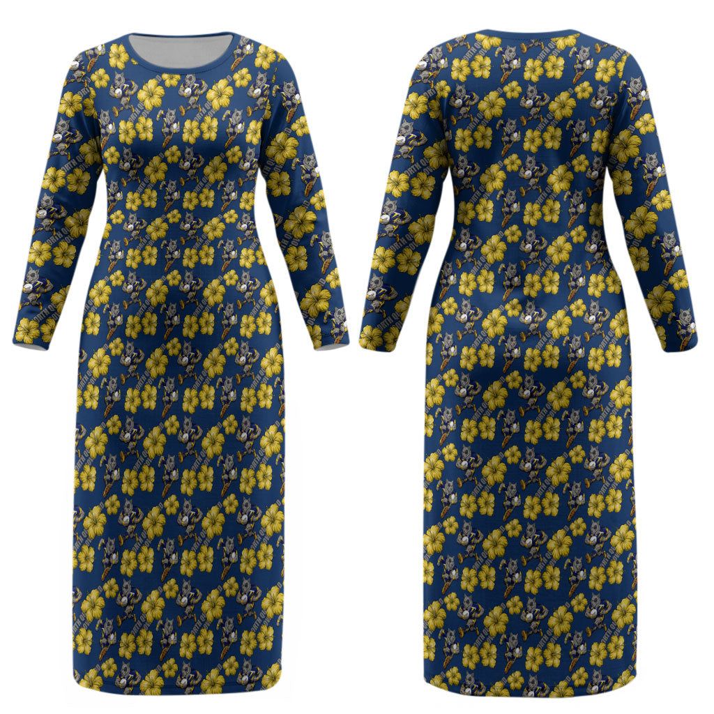 North Queensland Cowboys Couples Matching Long Sleeve Bodycon Dress and Long Sleeve Button Shirt Tropical Hibiscus Floral Seamless Rugby Mascot