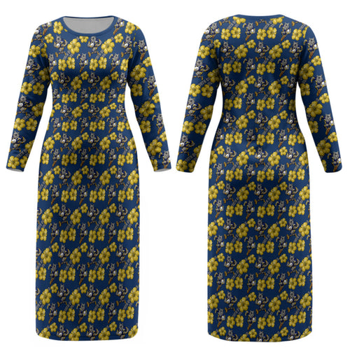 North Queensland Cowboys Couples Matching Long Sleeve Bodycon Dress and Long Sleeve Button Shirt Tropical Hibiscus Floral Seamless Rugby Mascot