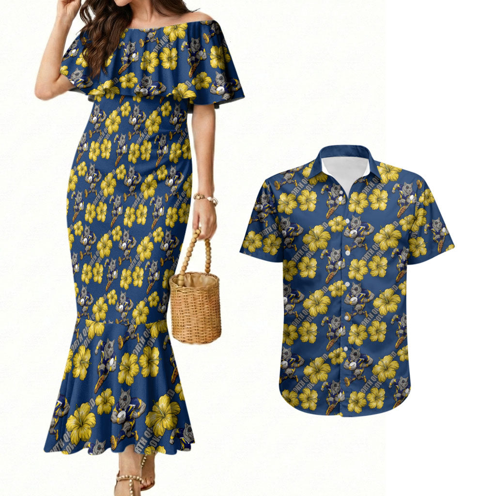 North Queensland Cowboys Couples Matching Mermaid Dress and Hawaiian Shirt Tropical Hibiscus Floral Seamless Rugby Mascot