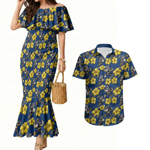 North Queensland Cowboys Couples Matching Mermaid Dress and Hawaiian Shirt Tropical Hibiscus Floral Seamless Rugby Mascot