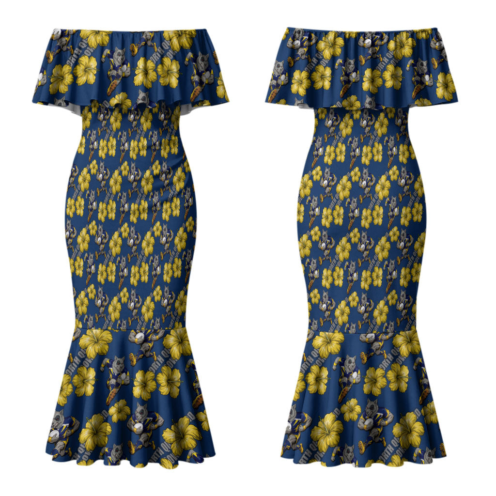 North Queensland Cowboys Couples Matching Mermaid Dress and Hawaiian Shirt Tropical Hibiscus Floral Seamless Rugby Mascot