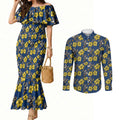 North Queensland Cowboys Couples Matching Mermaid Dress and Long Sleeve Button Shirt Tropical Hibiscus Floral Seamless Rugby Mascot