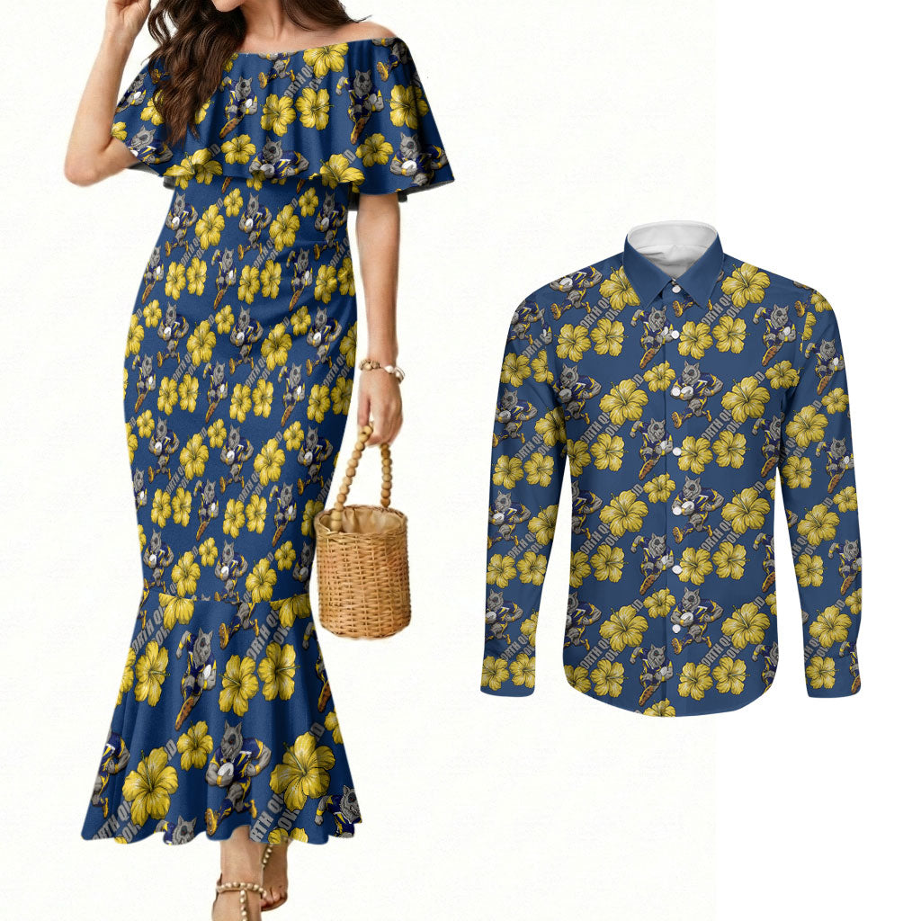 North Queensland Cowboys Couples Matching Mermaid Dress and Long Sleeve Button Shirt Tropical Hibiscus Floral Seamless Rugby Mascot