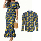 North Queensland Cowboys Couples Matching Mermaid Dress and Long Sleeve Button Shirt Tropical Hibiscus Floral Seamless Rugby Mascot