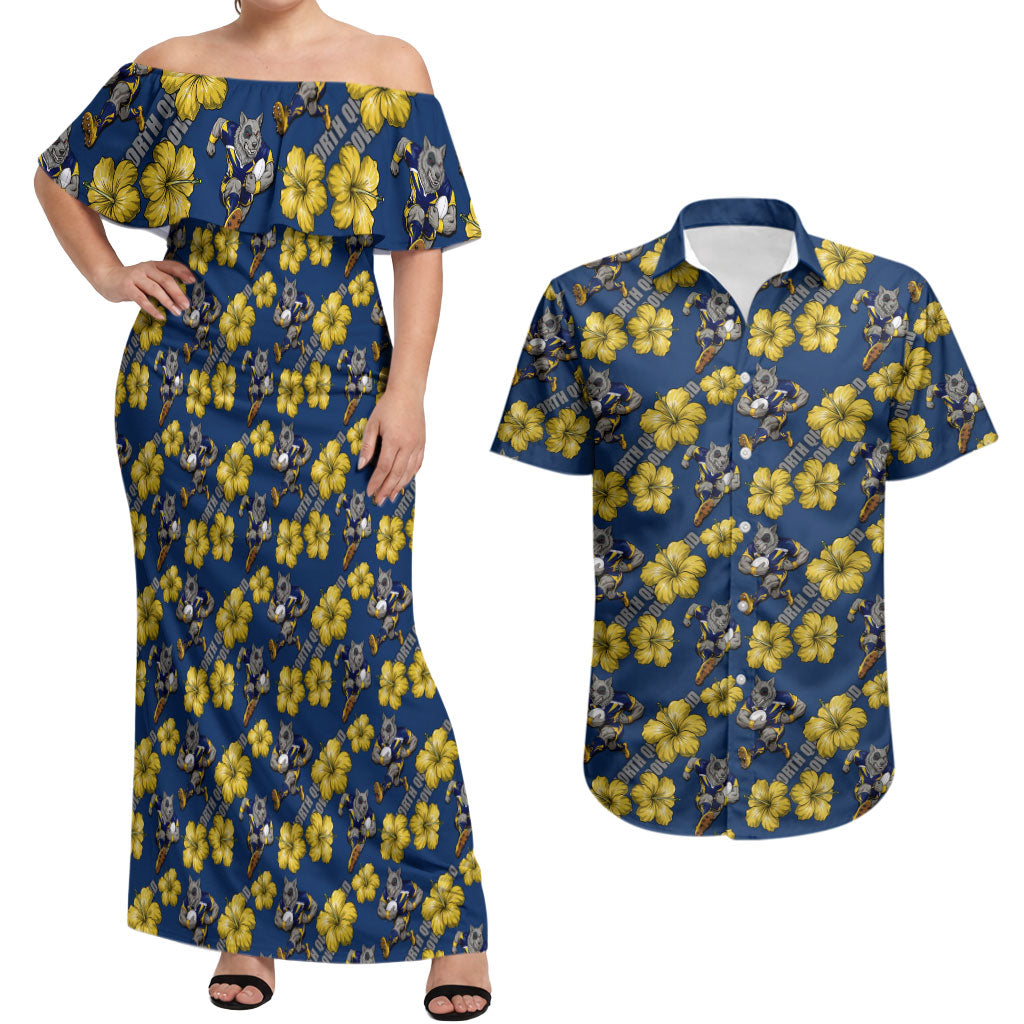 North Queensland Cowboys Couples Matching Off Shoulder Maxi Dress and Hawaiian Shirt Tropical Hibiscus Floral Seamless Rugby Mascot
