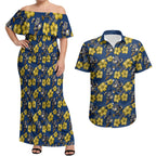 North Queensland Cowboys Couples Matching Off Shoulder Maxi Dress and Hawaiian Shirt Tropical Hibiscus Floral Seamless Rugby Mascot