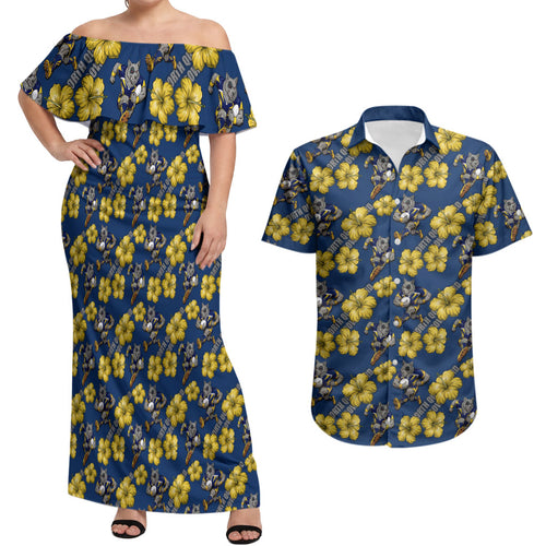 North Queensland Cowboys Couples Matching Off Shoulder Maxi Dress and Hawaiian Shirt Tropical Hibiscus Floral Seamless Rugby Mascot