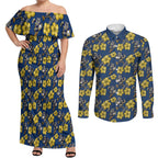 North Queensland Cowboys Couples Matching Off Shoulder Maxi Dress and Long Sleeve Button Shirt Tropical Hibiscus Floral Seamless Rugby Mascot