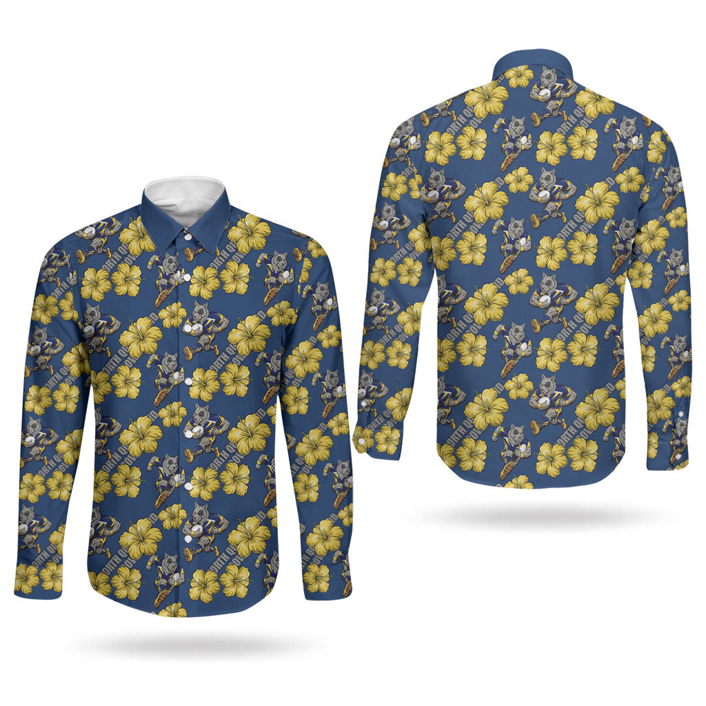 North Queensland Cowboys Couples Matching Off Shoulder Maxi Dress and Long Sleeve Button Shirt Tropical Hibiscus Floral Seamless Rugby Mascot