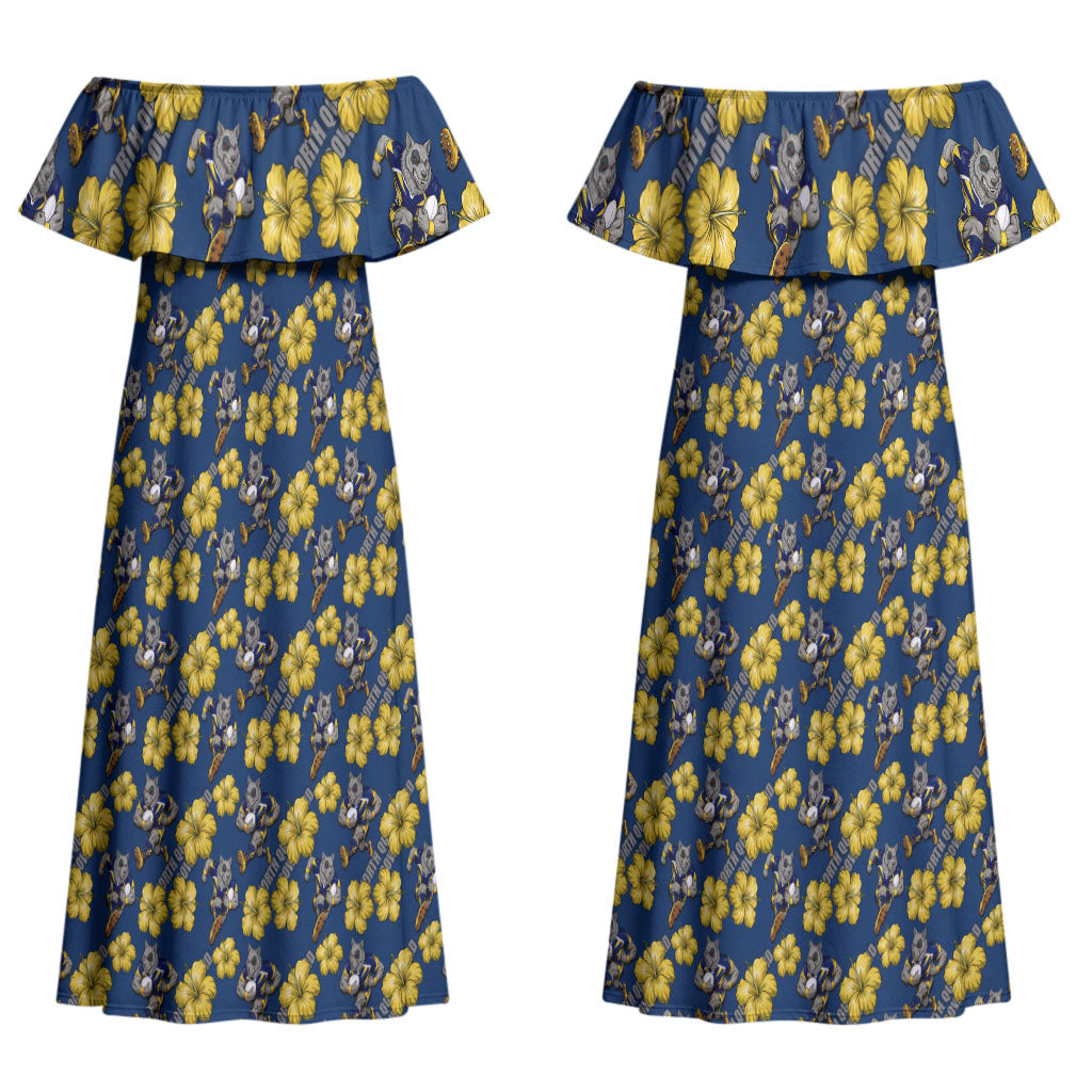 North Queensland Cowboys Couples Matching Off Shoulder Maxi Dress and Long Sleeve Button Shirt Tropical Hibiscus Floral Seamless Rugby Mascot