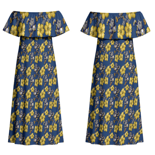 North Queensland Cowboys Couples Matching Off Shoulder Maxi Dress and Long Sleeve Button Shirt Tropical Hibiscus Floral Seamless Rugby Mascot