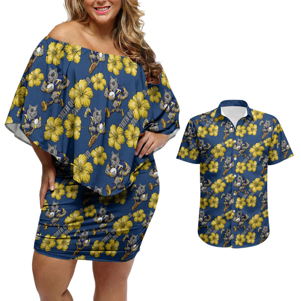 North Queensland Cowboys Couples Matching Off Shoulder Short Dress and Hawaiian Shirt Tropical Hibiscus Floral Seamless Rugby Mascot