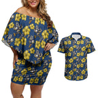 North Queensland Cowboys Couples Matching Off Shoulder Short Dress and Hawaiian Shirt Tropical Hibiscus Floral Seamless Rugby Mascot