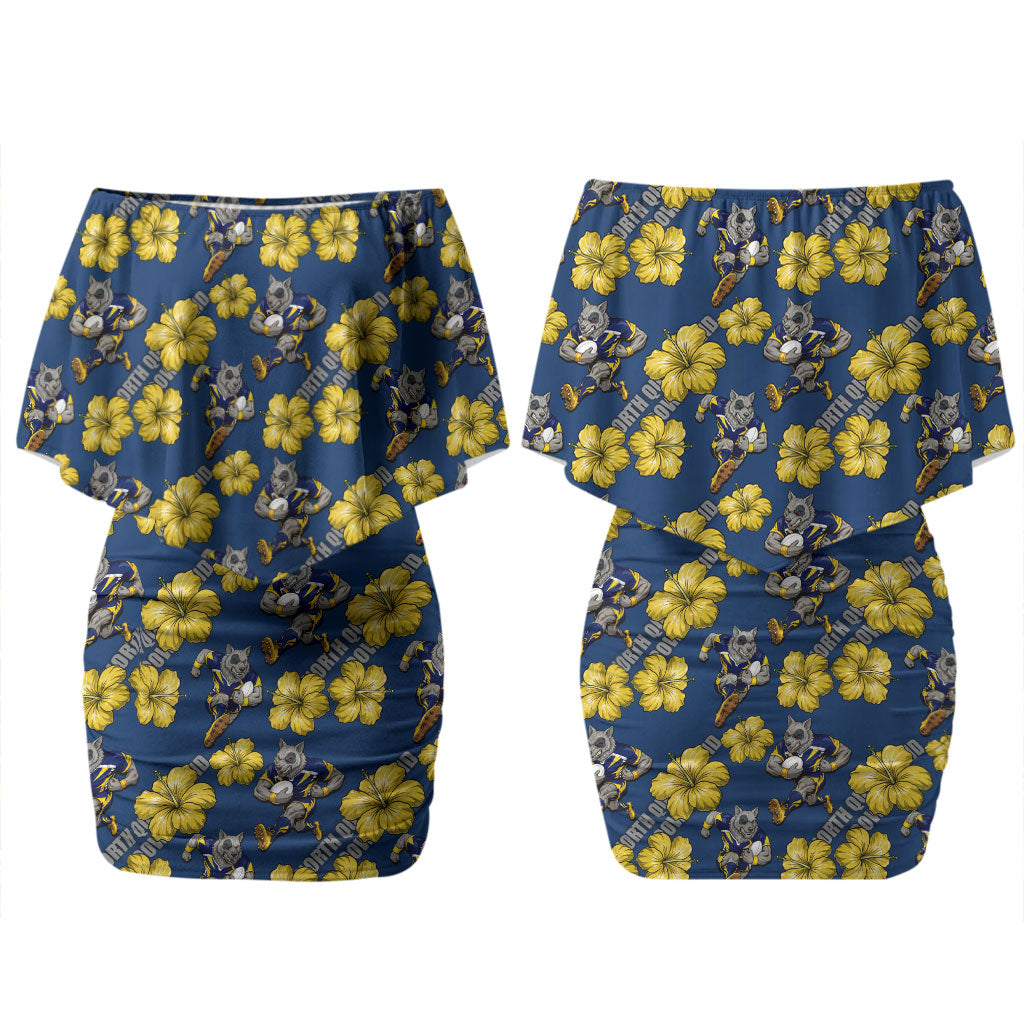 North Queensland Cowboys Couples Matching Off Shoulder Short Dress and Hawaiian Shirt Tropical Hibiscus Floral Seamless Rugby Mascot