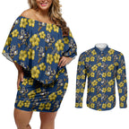 North Queensland Cowboys Couples Matching Off Shoulder Short Dress and Long Sleeve Button Shirt Tropical Hibiscus Floral Seamless Rugby Mascot