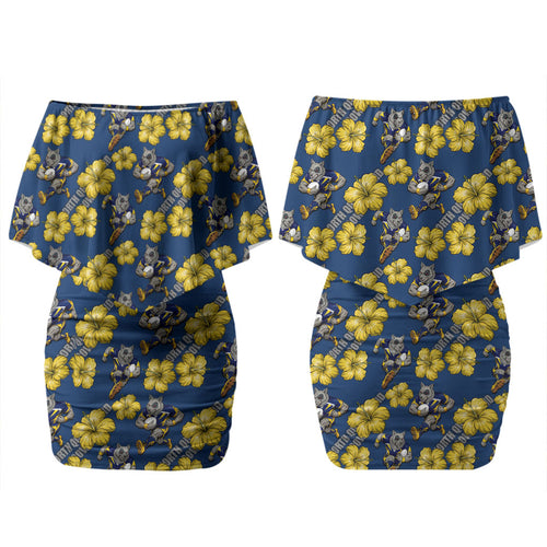 North Queensland Cowboys Couples Matching Off Shoulder Short Dress and Long Sleeve Button Shirt Tropical Hibiscus Floral Seamless Rugby Mascot
