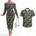 North Queensland Cowboys Couples Matching Off The Shoulder Long Sleeve Dress and Hawaiian Shirt Tropical Hibiscus Floral Seamless Rugby Mascot