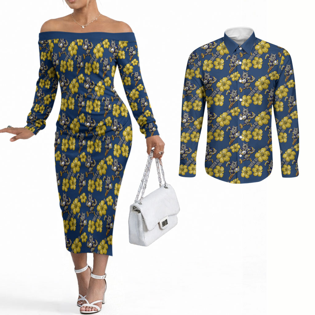 North Queensland Cowboys Couples Matching Off The Shoulder Long Sleeve Dress and Long Sleeve Button Shirt Tropical Hibiscus Floral Seamless Rugby Mascot