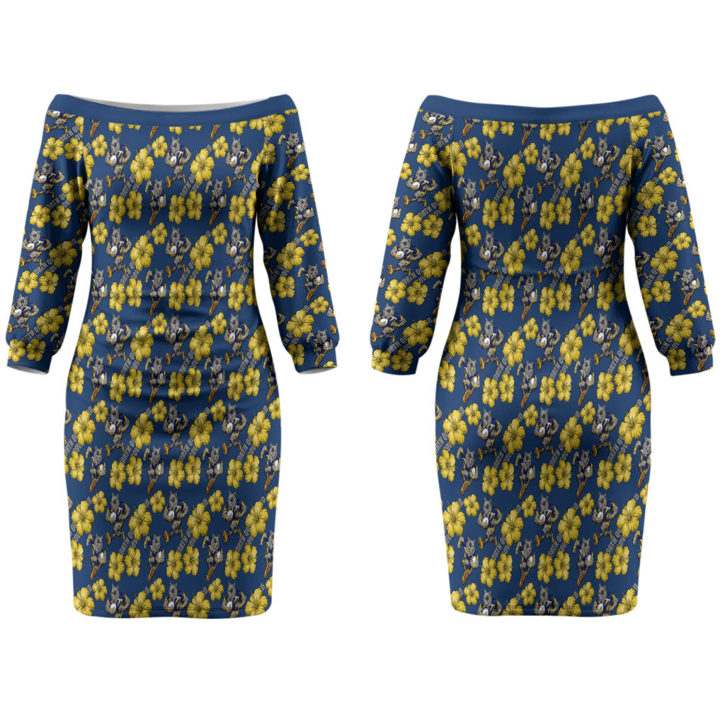 North Queensland Cowboys Couples Matching Off The Shoulder Long Sleeve Dress and Long Sleeve Button Shirt Tropical Hibiscus Floral Seamless Rugby Mascot