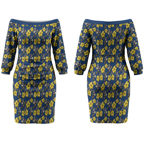 North Queensland Cowboys Couples Matching Off The Shoulder Long Sleeve Dress and Long Sleeve Button Shirt Tropical Hibiscus Floral Seamless Rugby Mascot
