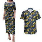 North Queensland Cowboys Couples Matching Puletasi and Hawaiian Shirt Tropical Hibiscus Floral Seamless Rugby Mascot