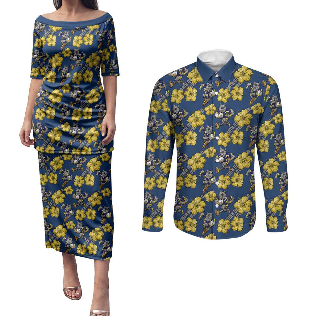 North Queensland Cowboys Couples Matching Puletasi and Long Sleeve Button Shirt Tropical Hibiscus Floral Seamless Rugby Mascot