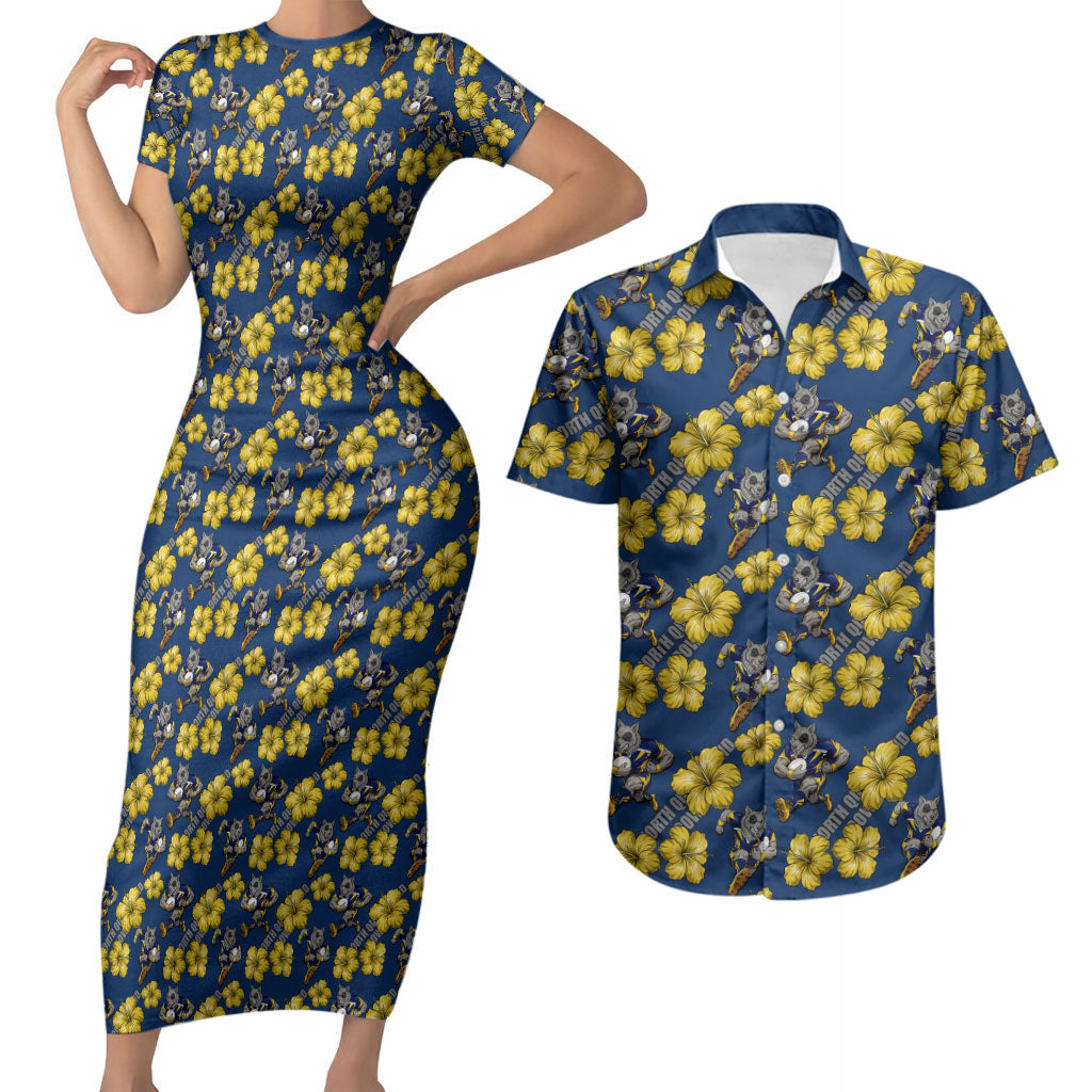 North Queensland Cowboys Couples Matching Short Sleeve Bodycon Dress and Hawaiian Shirt Tropical Hibiscus Floral Seamless Rugby Mascot