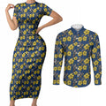 North Queensland Cowboys Couples Matching Short Sleeve Bodycon Dress and Long Sleeve Button Shirt Tropical Hibiscus Floral Seamless Rugby Mascot