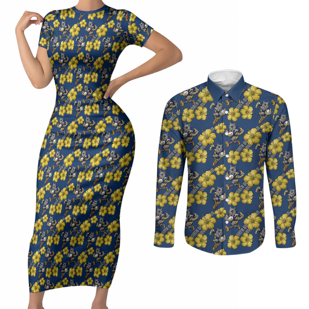 North Queensland Cowboys Couples Matching Short Sleeve Bodycon Dress and Long Sleeve Button Shirt Tropical Hibiscus Floral Seamless Rugby Mascot