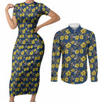 North Queensland Cowboys Couples Matching Short Sleeve Bodycon Dress and Long Sleeve Button Shirt Tropical Hibiscus Floral Seamless Rugby Mascot