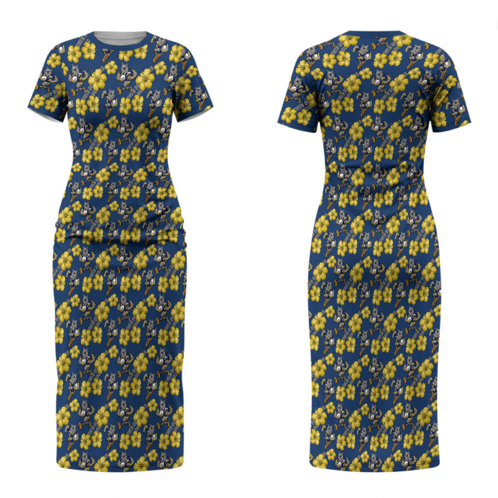 North Queensland Cowboys Couples Matching Short Sleeve Bodycon Dress and Long Sleeve Button Shirt Tropical Hibiscus Floral Seamless Rugby Mascot