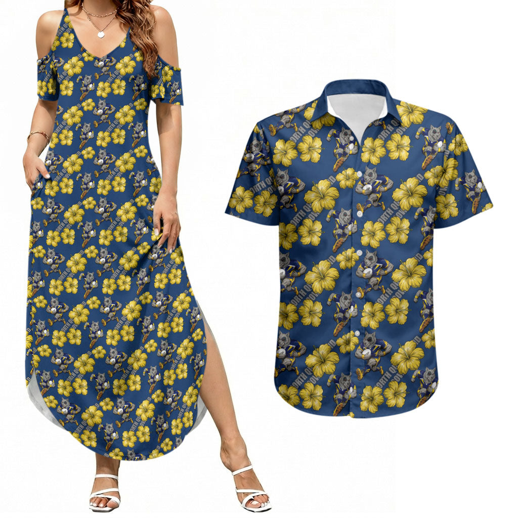 North Queensland Cowboys Couples Matching Summer Maxi Dress and Hawaiian Shirt Tropical Hibiscus Floral Seamless Rugby Mascot