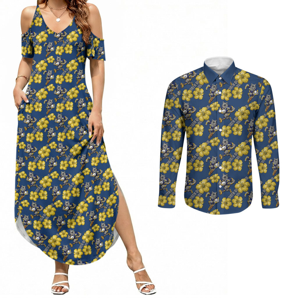 North Queensland Cowboys Couples Matching Summer Maxi Dress and Long Sleeve Button Shirt Tropical Hibiscus Floral Seamless Rugby Mascot