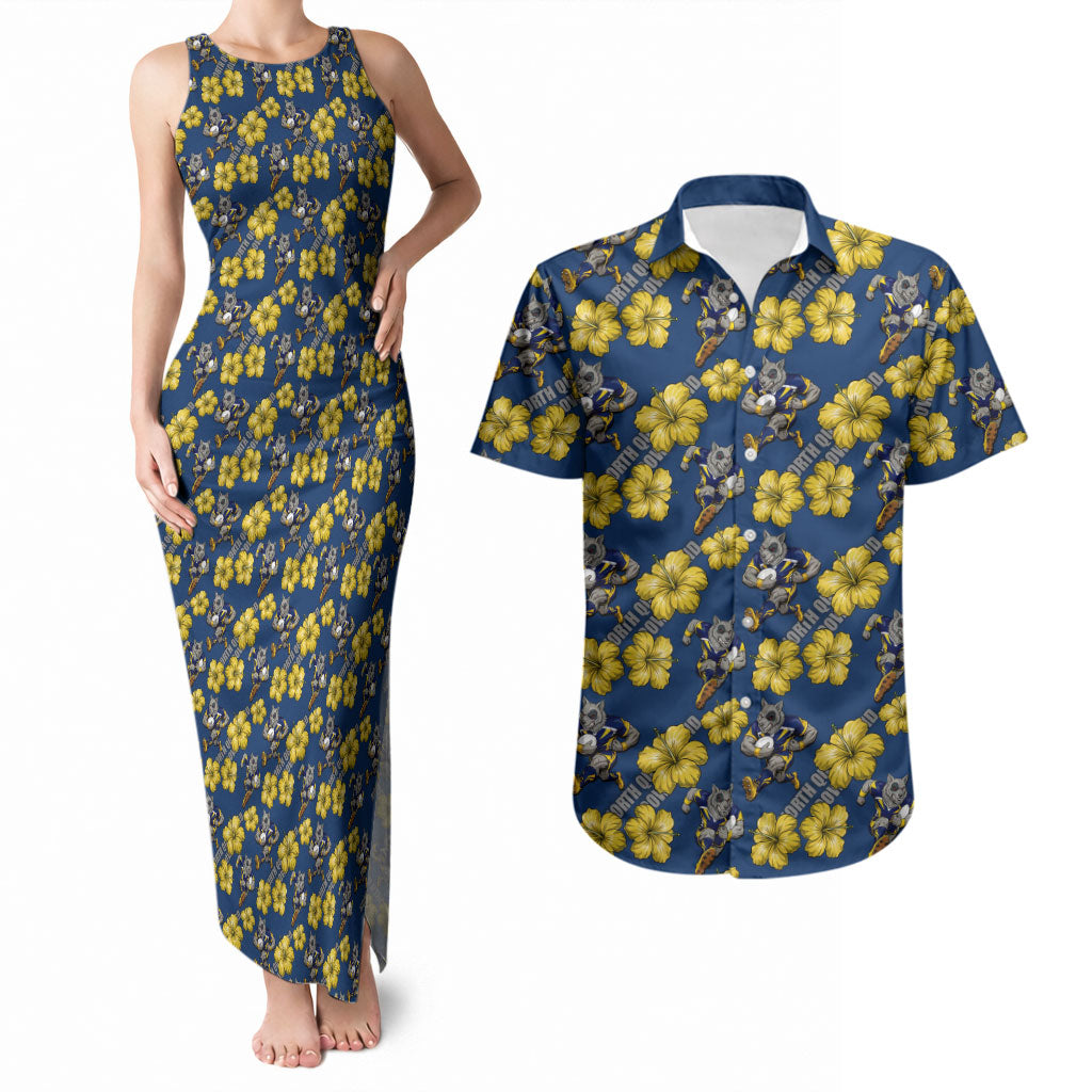 North Queensland Cowboys Couples Matching Tank Maxi Dress and Hawaiian Shirt Tropical Hibiscus Floral Seamless Rugby Mascot