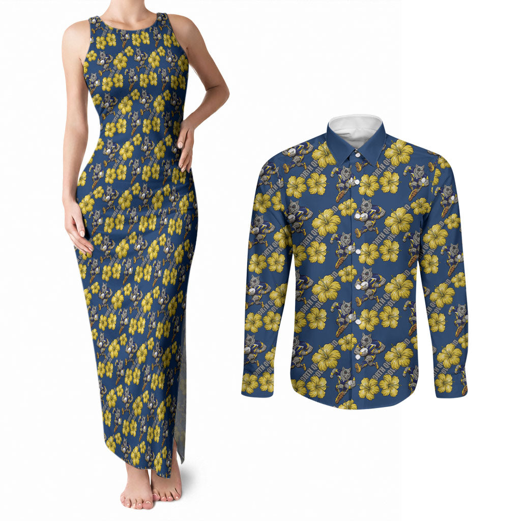 North Queensland Cowboys Couples Matching Tank Maxi Dress and Long Sleeve Button Shirt Tropical Hibiscus Floral Seamless Rugby Mascot