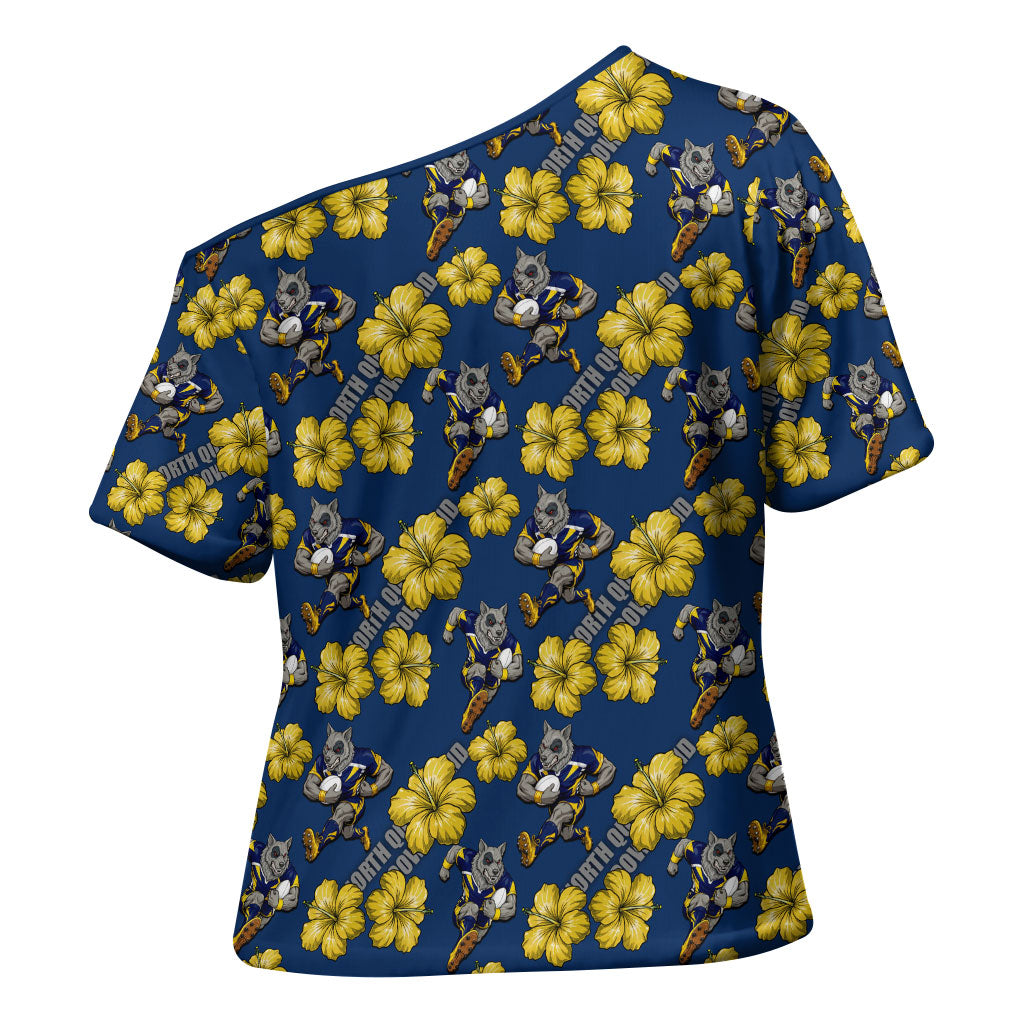 North Queensland Cowboys Cross Shoulder Shirt Tropical Hibiscus Floral Seamless Rugby Mascot