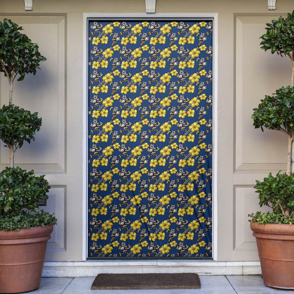 North Queensland Cowboys Door Cover Tropical Hibiscus Floral Seamless Rugby Mascot
