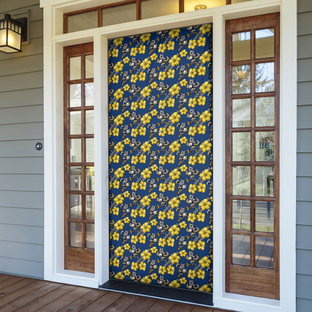 North Queensland Cowboys Door Cover Tropical Hibiscus Floral Seamless Rugby Mascot
