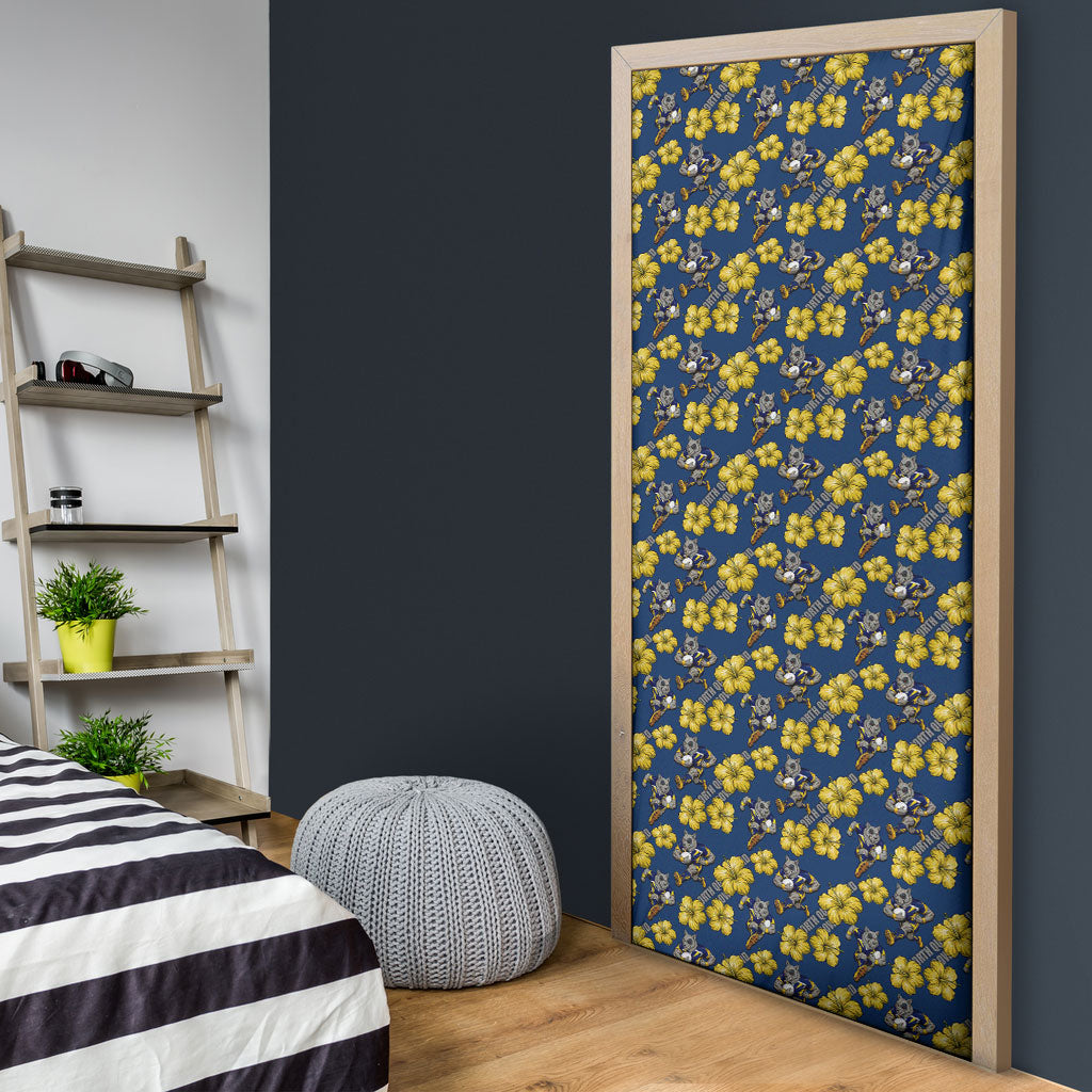 North Queensland Cowboys Door Cover Tropical Hibiscus Floral Seamless Rugby Mascot
