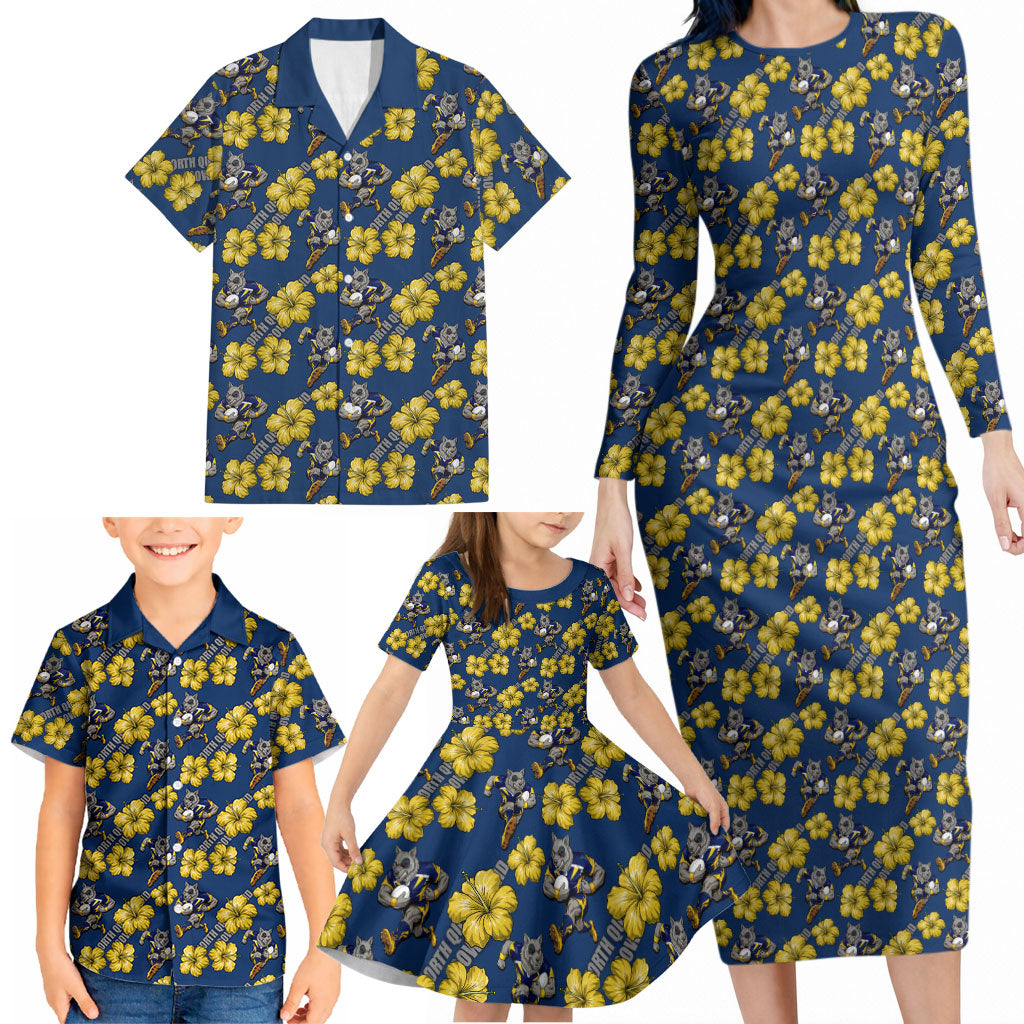 North Queensland Cowboys Family Matching Long Sleeve Bodycon Dress and Hawaiian Shirt Tropical Hibiscus Floral Seamless Rugby Mascot