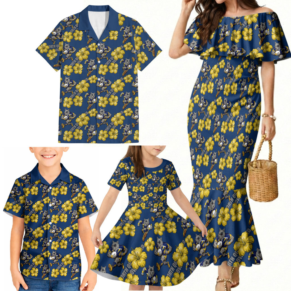 North Queensland Cowboys Family Matching Mermaid Dress and Hawaiian Shirt Tropical Hibiscus Floral Seamless Rugby Mascot