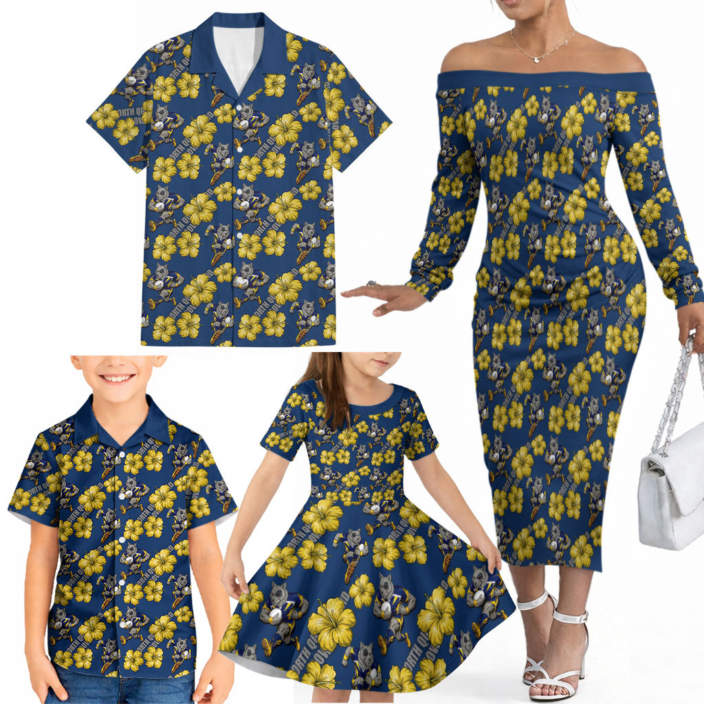 North Queensland Cowboys Family Matching Off The Shoulder Long Sleeve Dress and Hawaiian Shirt Tropical Hibiscus Floral Seamless Rugby Mascot