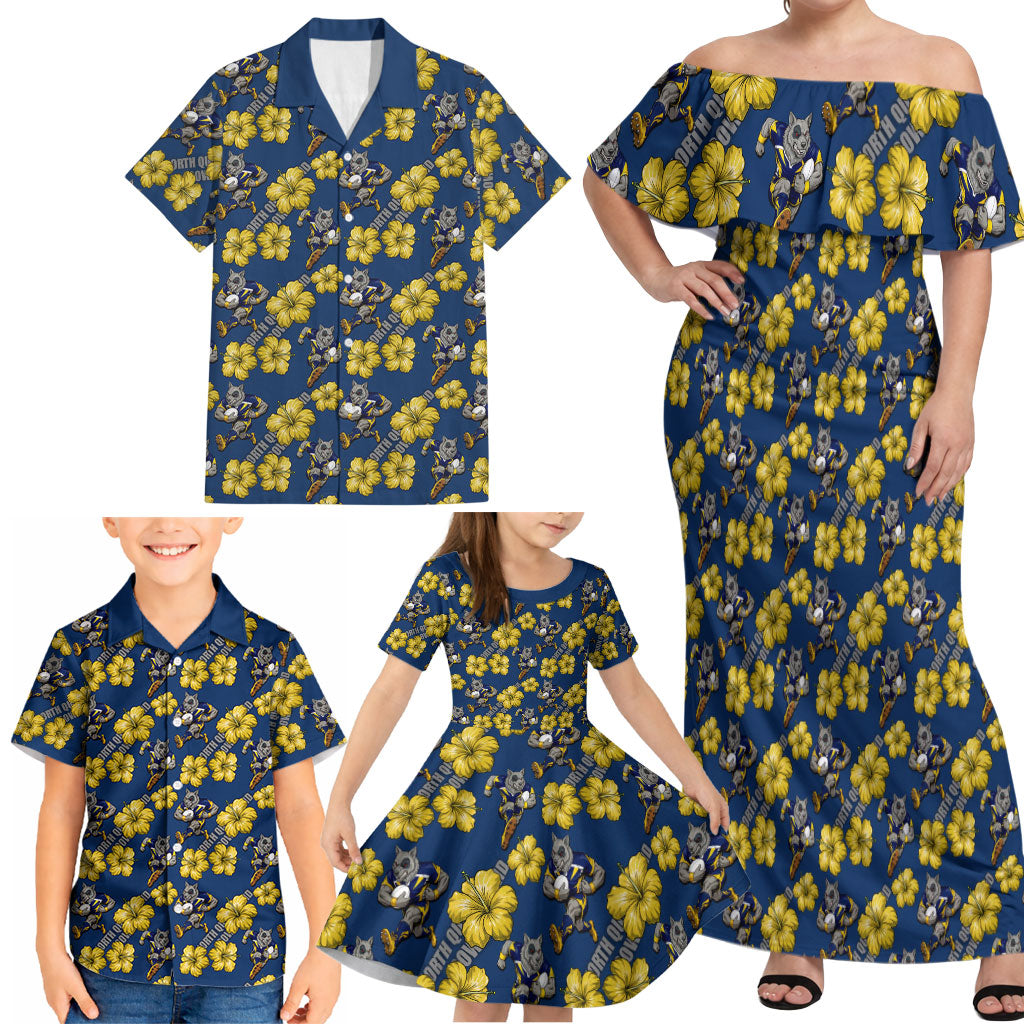 North Queensland Cowboys Family Matching Off Shoulder Maxi Dress and Hawaiian Shirt Tropical Hibiscus Floral Seamless Rugby Mascot